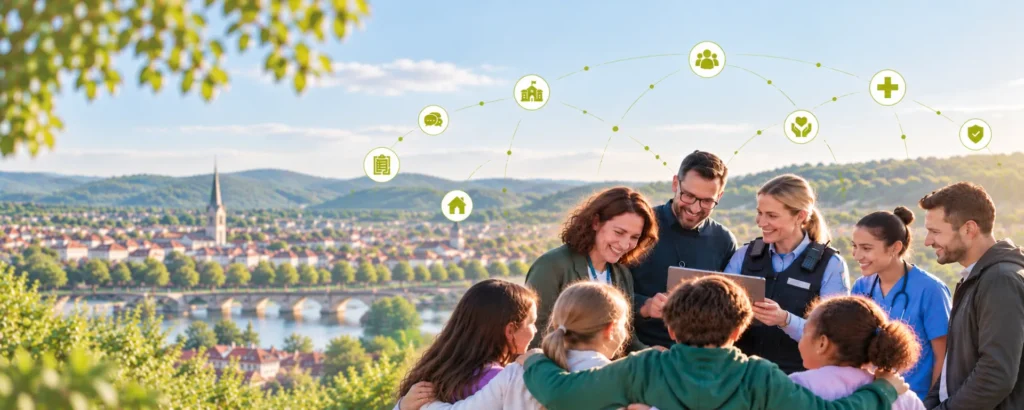 Menschen und Familien, verbunden durch ein grünes Netzwerk – Symbol für vernetzten Kinderschutz