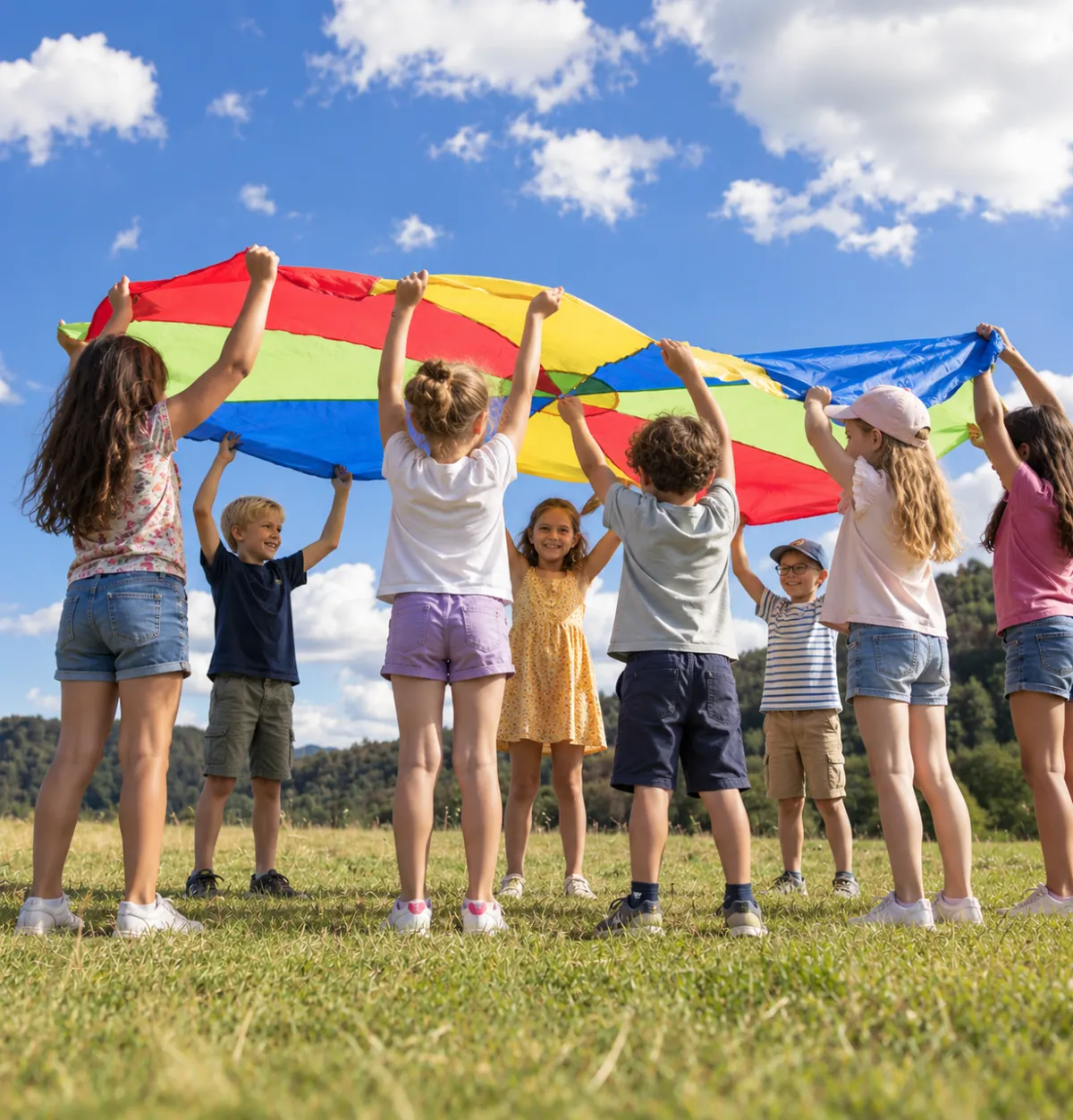 Kinder spielen gemeinsam mit einem bunten Fallschirm im Sonnenschein