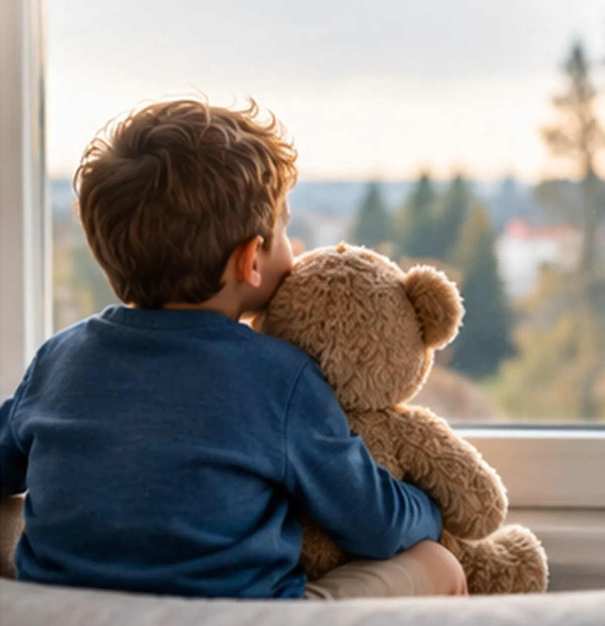Junge mit Teddybär am Fenster